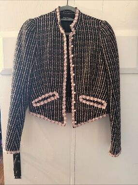 Betsey Johnson Black Tweed Cropped Jacket with Pink Trim